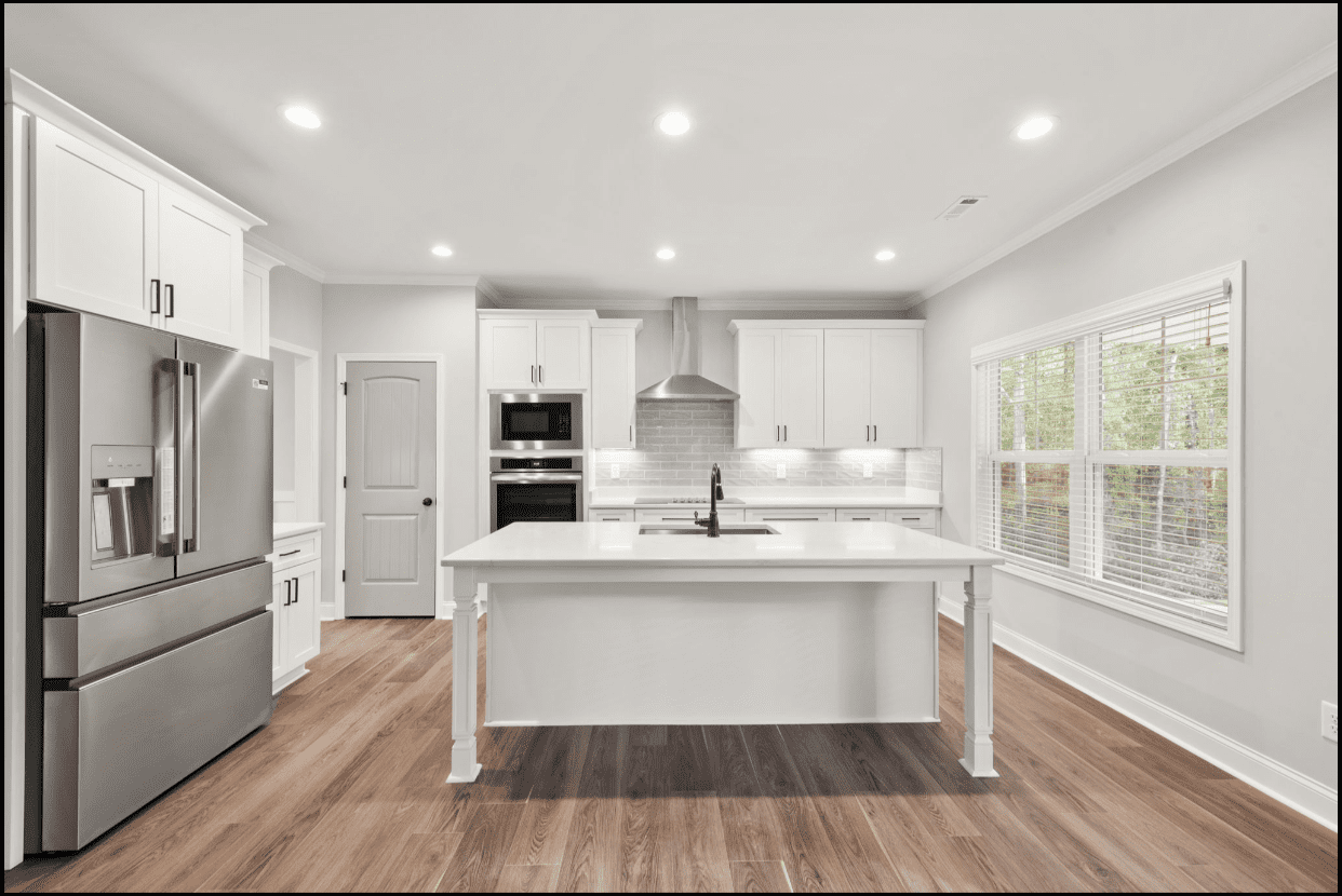 Modern white kitchen with island.