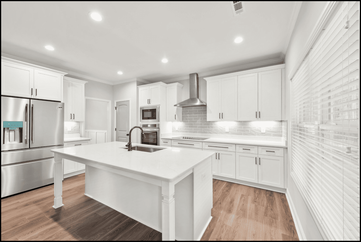Modern white kitchen island and cabinets.
