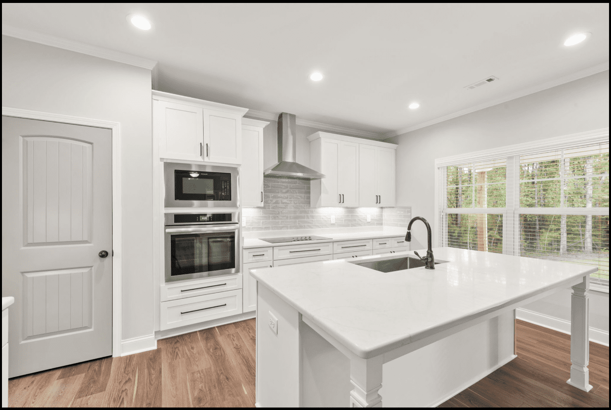 Modern white kitchen with island.