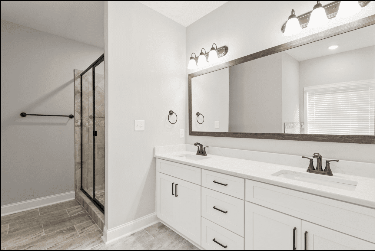 Modern double vanity bathroom with shower.