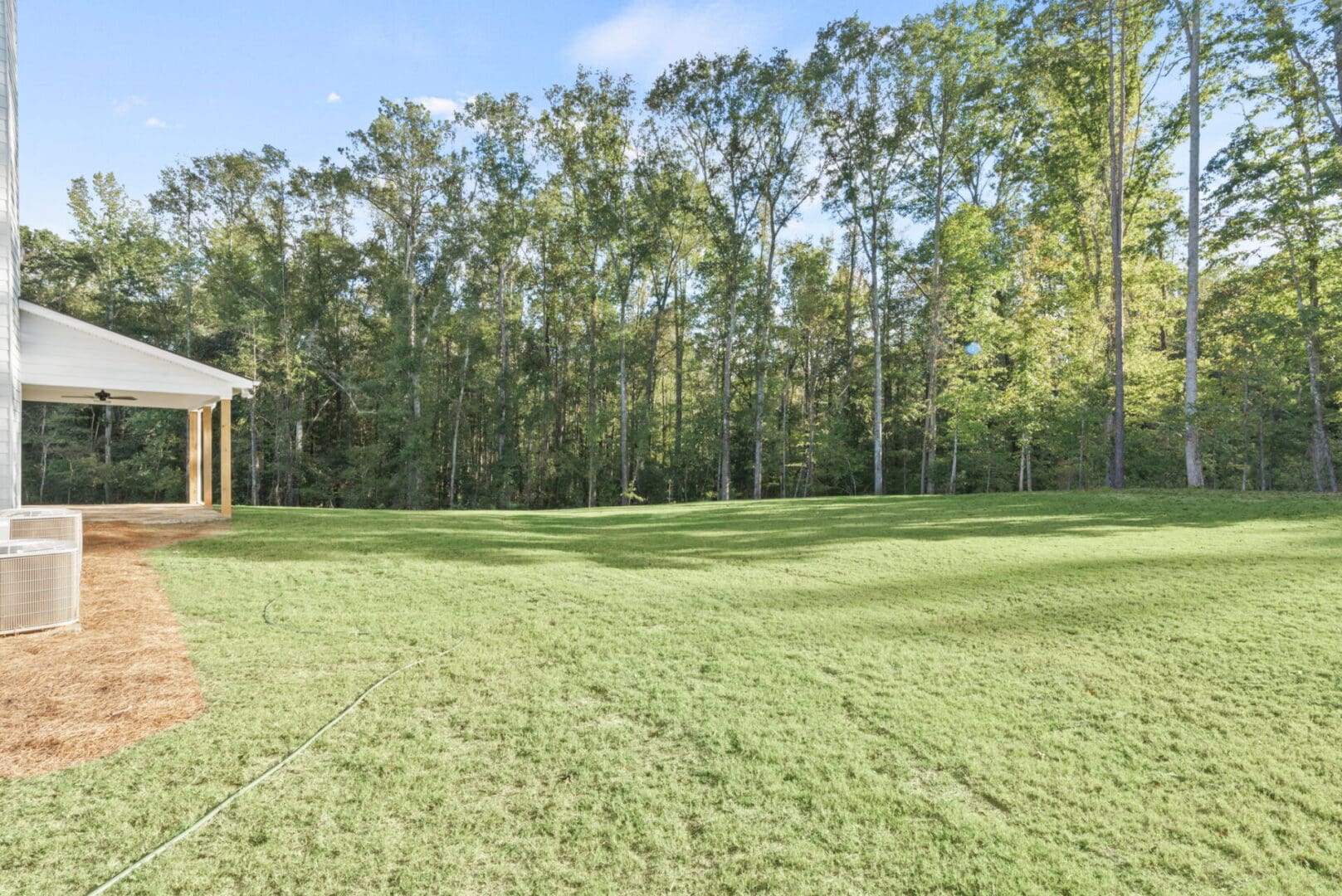 House backyard with grassy lawn and trees.