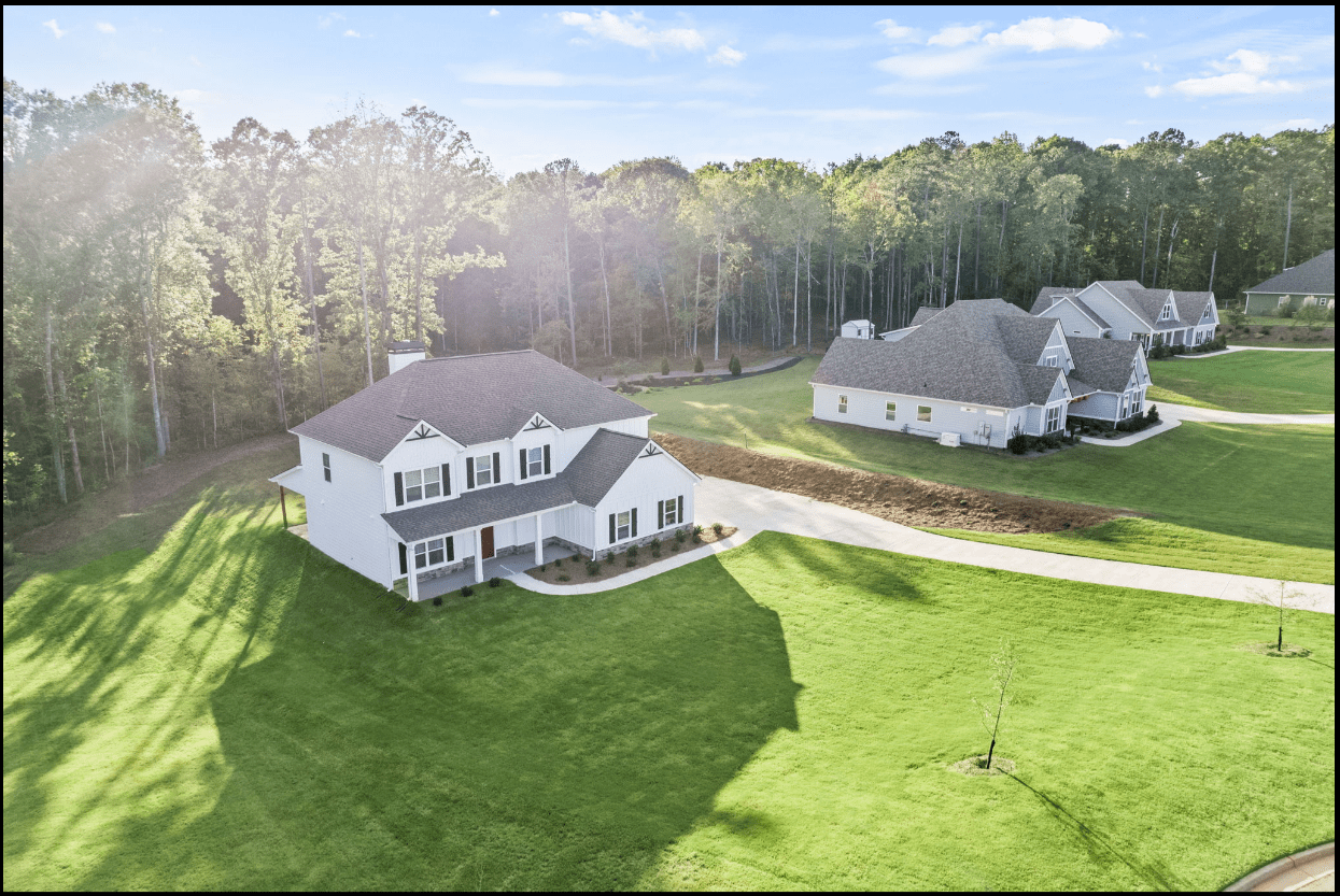 Aerial view of two new houses.