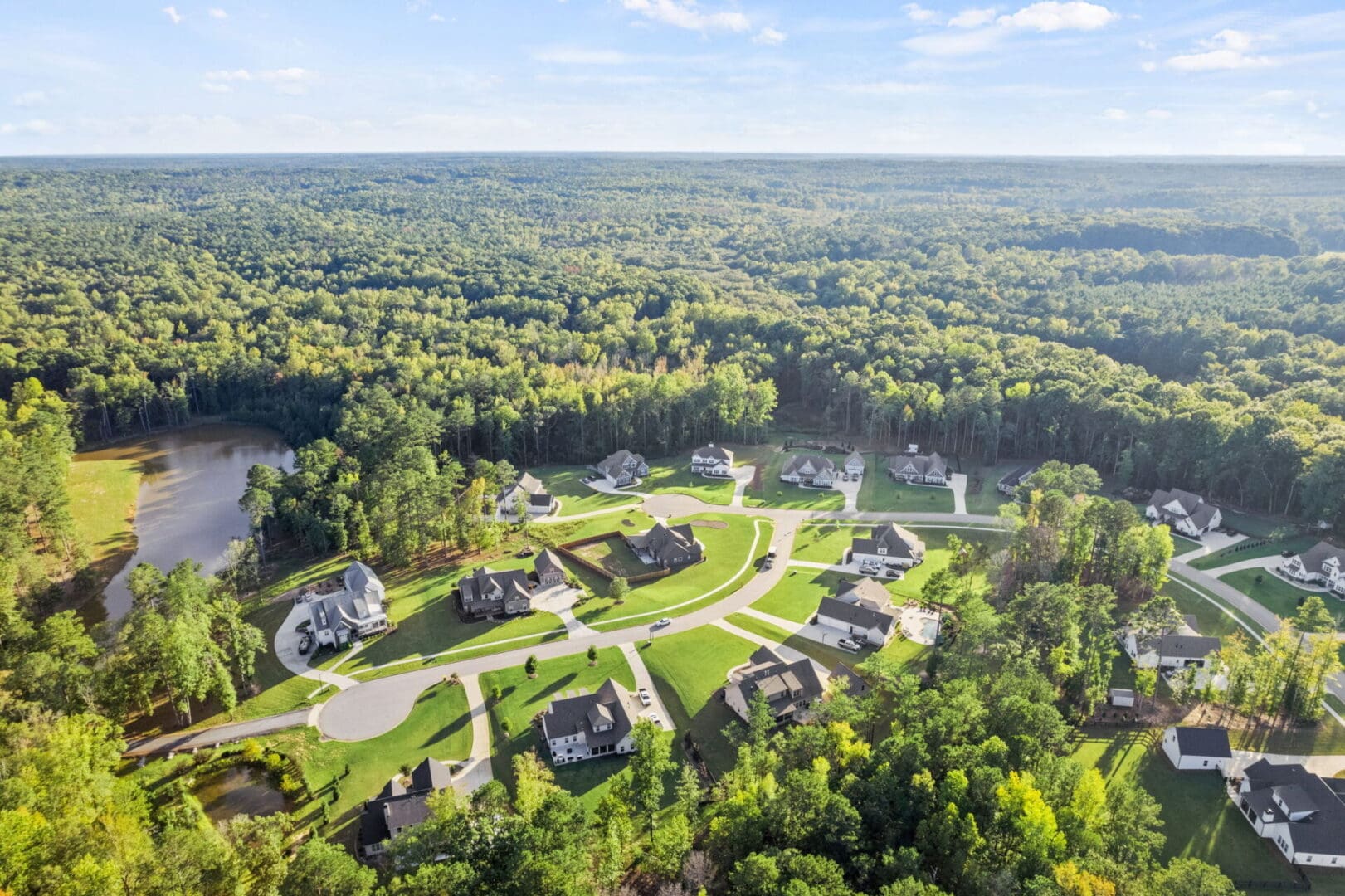 Aerial view of upscale homes in woods.