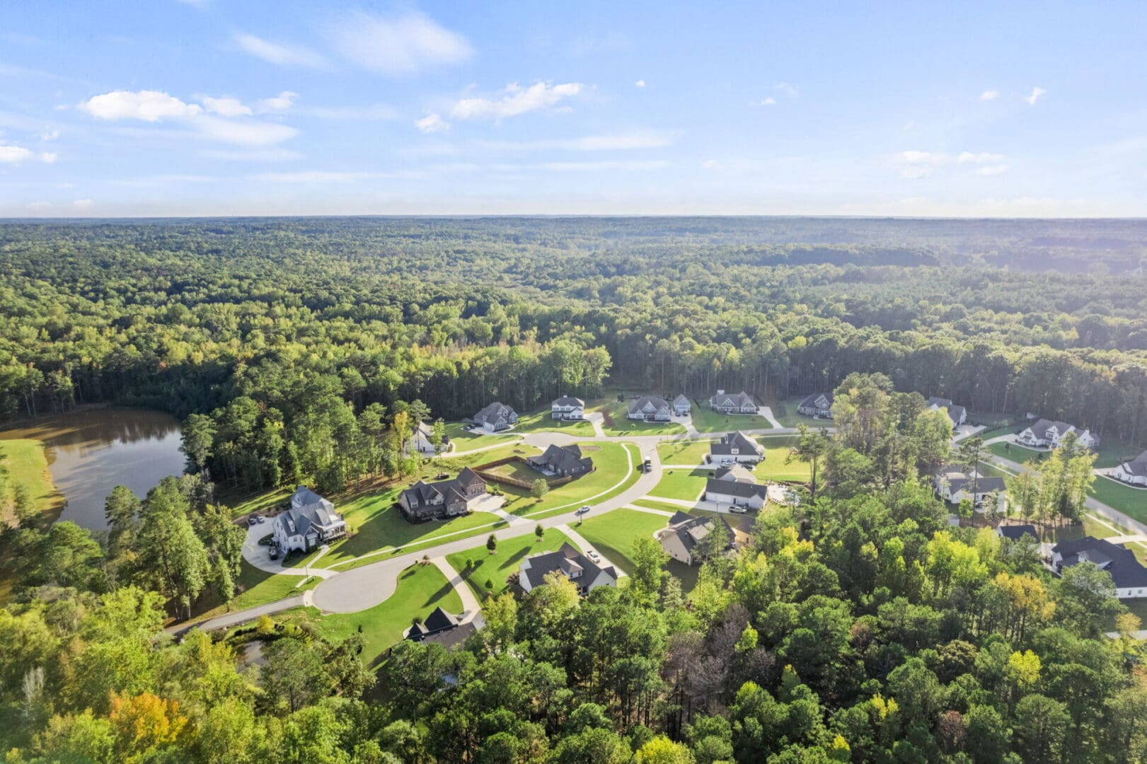 Aerial view of upscale houses in woods.